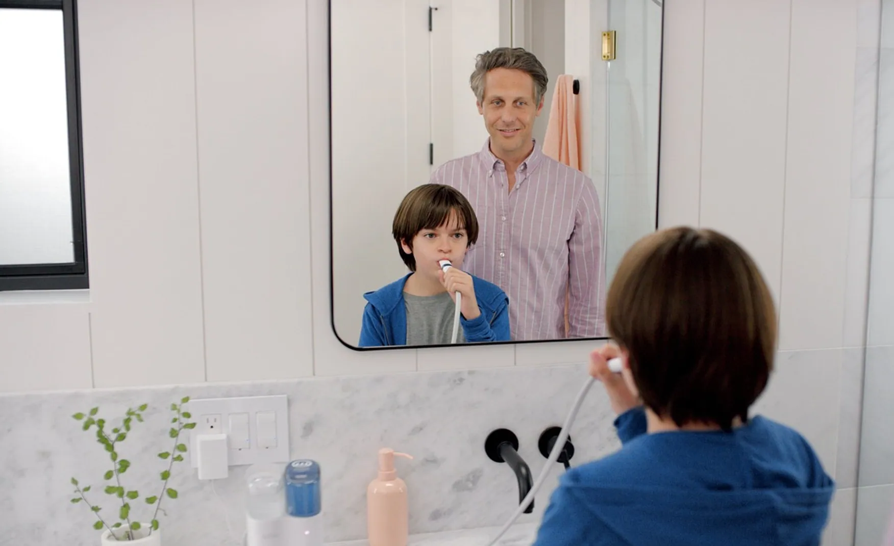Bathroom, brushing teeth and father and son